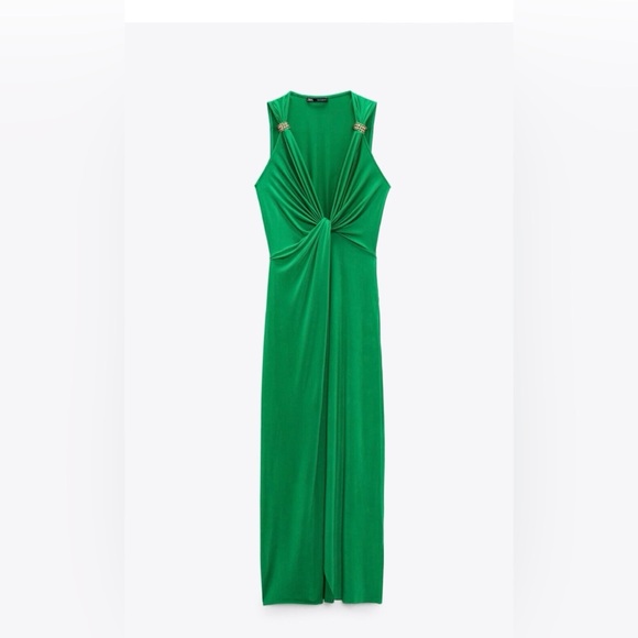 NEW ZARA WOMAN DRESS WITH KNOT AND BEAD DETAIL GREEN SIZE S - Picture 4 of 4